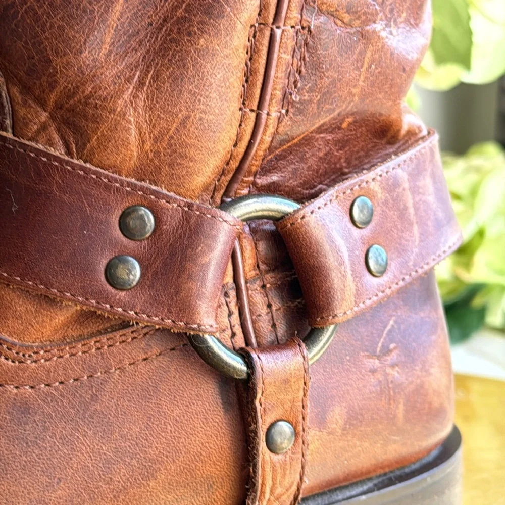 Frye Wyatt Harness Distressed Short Boot in Cognac Leather